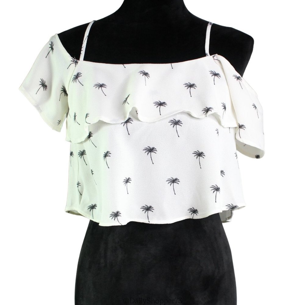 Divided by H&M Women's White and Black Palm Tree Cold Shoulder Crop Top - Size 4
